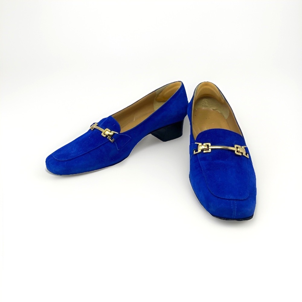 Suede Loafers Womens 38 Cobalt Blue Horsebit Made In Italy Square Toe Old Money